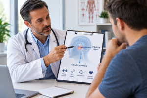 Doctor explaining pituitary gland function and growth hormone therapy to a patient