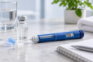 Injection pen illustrating somatropin and Norditropin growth hormone treatment